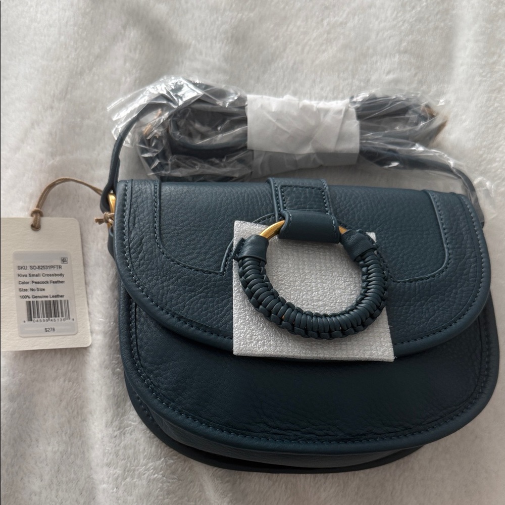 Hobo Kiva Small Peacock Blue PebbledLeather Crossbody Bag with Woven Ring Accent
